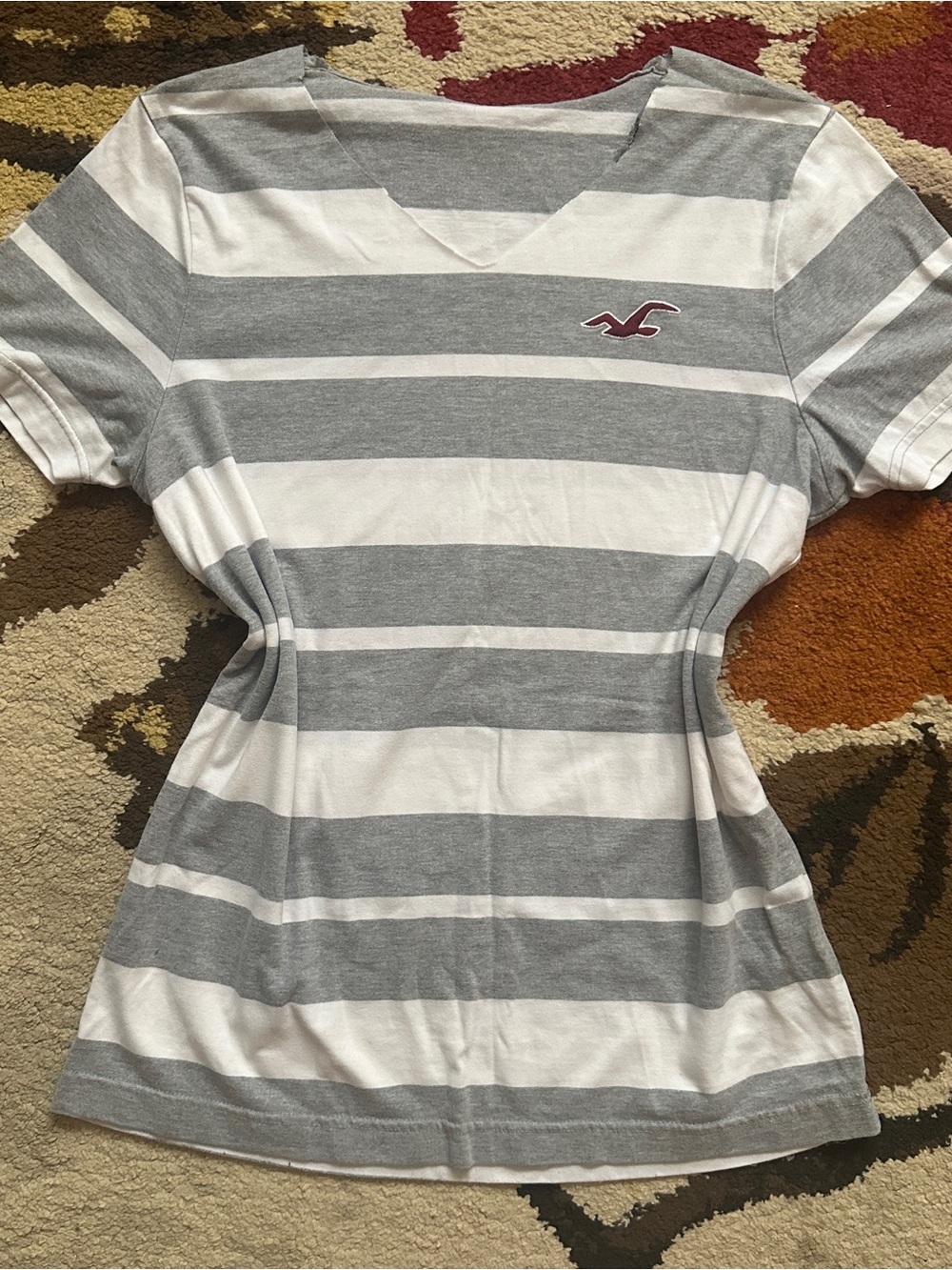 Hollister Gray & White Striped V-Neck Tee